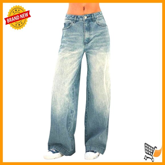 Vintage Wide Leg Denim Pants Mid Waist Boyfriend Fit Baggy Jeans